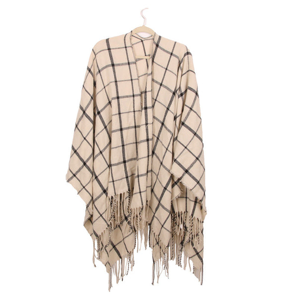 Women's Plaid Open Front Poncho Cape Soft Faux Cashmere Scarf Wrap With Tassel Detail (130 X 150Cm) Style A24 Scarves & Wraps