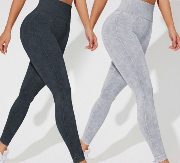 2 Pcs Women's High Waisted Seamless Yoga Leggings Washed Black And Light Grey Activewear Tights Size Large Women Leggings