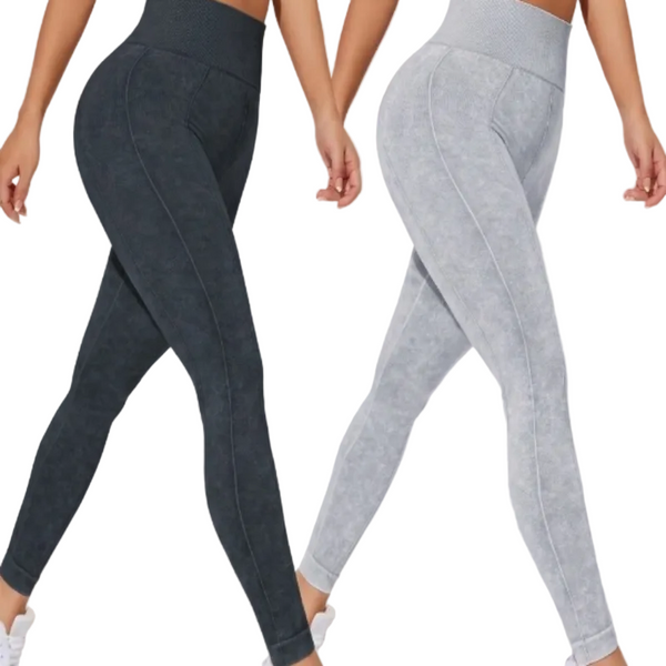 2 Pcs Women's High Waisted Seamless Yoga Leggings Washed Black And Light Grey Activewear Tights Size Large Women Leggings