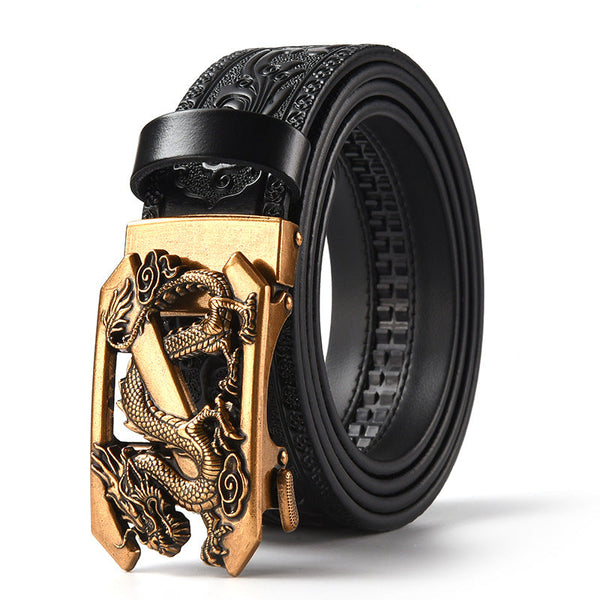 Black 120Cm Men's Genuine Cowhide Vintage Carved Belt With Gold Dragon Design Automatic Sliding Buckle Belts