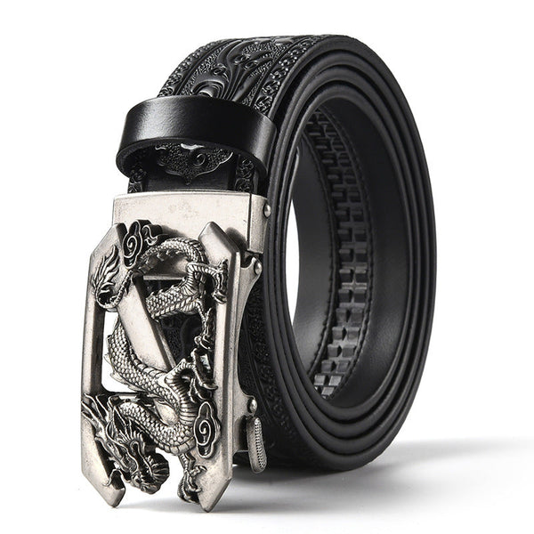 Black 120Cm Men's Genuine Cowhide Vintage Carved Belt With Sliver Dragon Design Automatic Sliding Buckle Belts