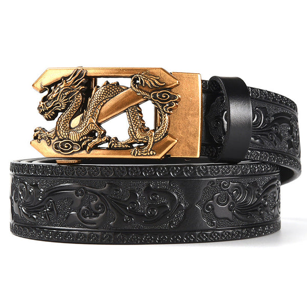 Black 120Cm Men's Genuine Cowhide Vintage Carved Belt With Sliver Dragon Design Automatic Sliding Buckle Belts