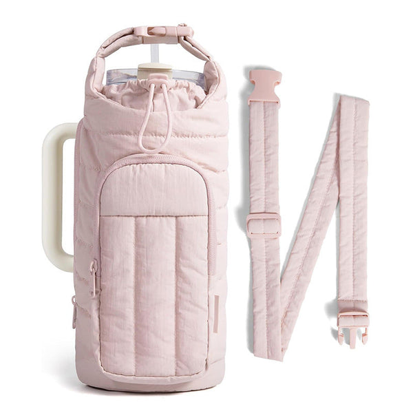 Pink Nylon Quilted Insulated Water Bottle Bag For 18 64Oz Flask Lightweight Sports & Travel Puffer Shockproof Protective Pouch Water Bottles & Vacuum