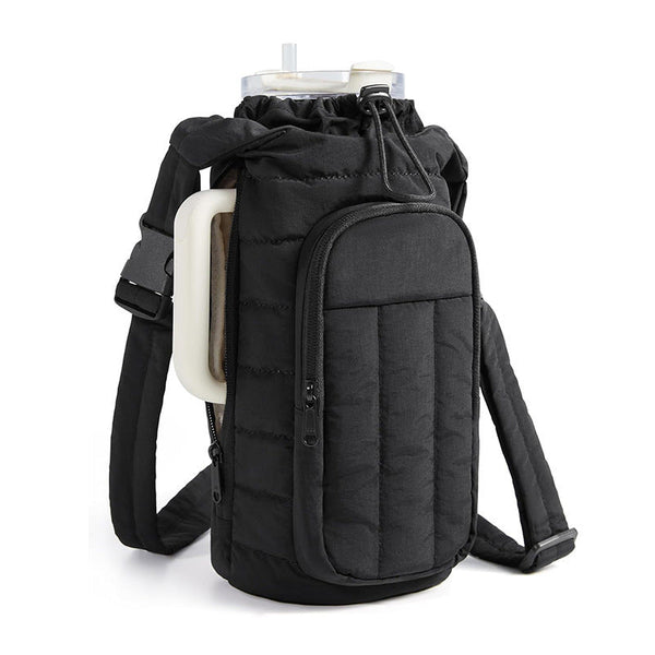 Black Nylon Quilted Insulated Water Bottle Bag For 18 64Oz Flask Lightweight Sports & Travel Puffer Shockproof Protective Pouch Water Bottles & Vacuum