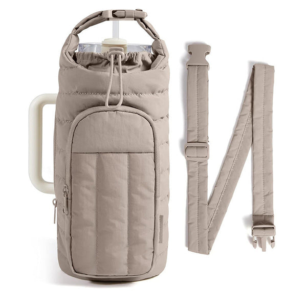 Khaki Nylon Quilted Insulated Water Bottle Bag For 18 64Oz Flask Lightweight Sports & Travel Puffer Shockproof Protective Pouch Water Bottles & Vacuum