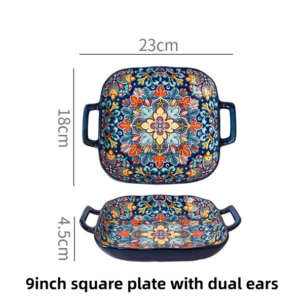 9 Inch Underglaze Ceramic Square Serving Plate With Dual Handles (Baroque) Microwave And Oven Safe Pasta & Fruit Tray Serving Utensils & Sets