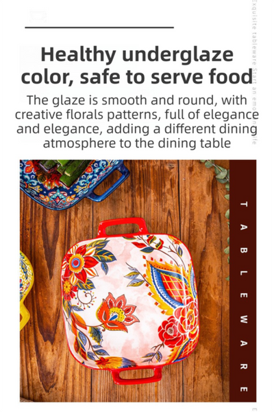 9 Inch Underglaze Ceramic Square Serving Plate With Dual Handles (Baroque) Microwave And Oven Safe Pasta & Fruit Tray Serving Utensils & Sets
