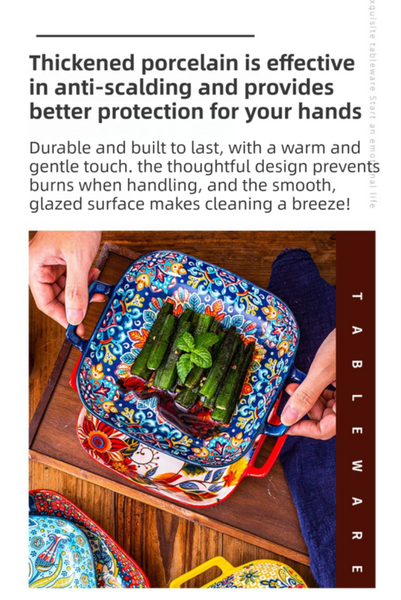 9 Inch Underglaze Ceramic Square Serving Plate With Dual Handles (Baroque) Microwave And Oven Safe Pasta & Fruit Tray Serving Utensils & Sets