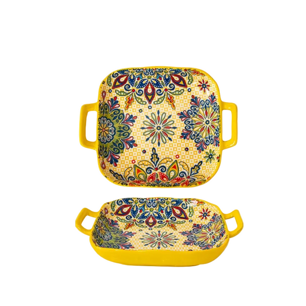 9 Inch Underglaze Ceramic Square Serving Plate With Dual Handles (Baroque) Microwave And Oven Safe Pasta & Fruit Tray Serving Utensils & Sets