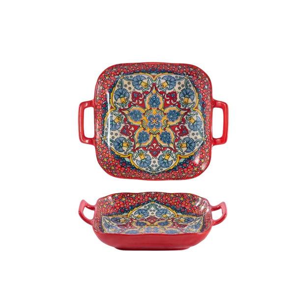 9 Inch Underglaze Ceramic Square Serving Plate With Dual Handles (Baroque) Microwave And Oven Safe Pasta & Fruit Tray Serving Utensils & Sets