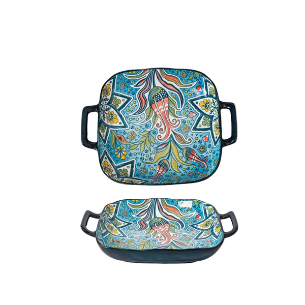 9 Inch Underglaze Ceramic Square Serving Plate With Dual Handles (Baroque) Microwave And Oven Safe Pasta & Fruit Tray Serving Utensils & Sets
