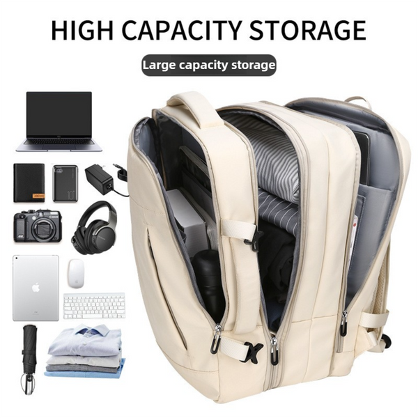 Beige Expandable Travel Laptop Backpack With Usb Charging Port Waterproof Nylon Business Bag 11Cm Depth Extension (45X32cm) Laptop Cases & Bags