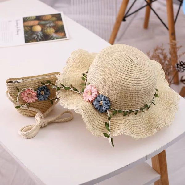 Beige Girls Summer Princess Straw Hat And Matching Purse Set Breathable Floral Wide Brim Sun Protection Kids Hats