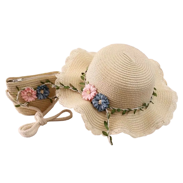 Beige Girls Summer Princess Straw Hat And Matching Purse Set Breathable Floral Wide Brim Sun Protection Kids Hats