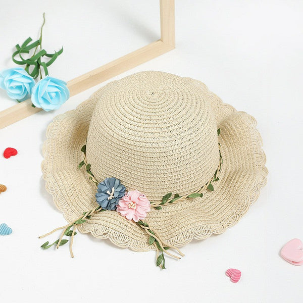 Beige Girls Summer Princess Straw Hat And Matching Purse Set Breathable Floral Wide Brim Sun Protection Kids Hats