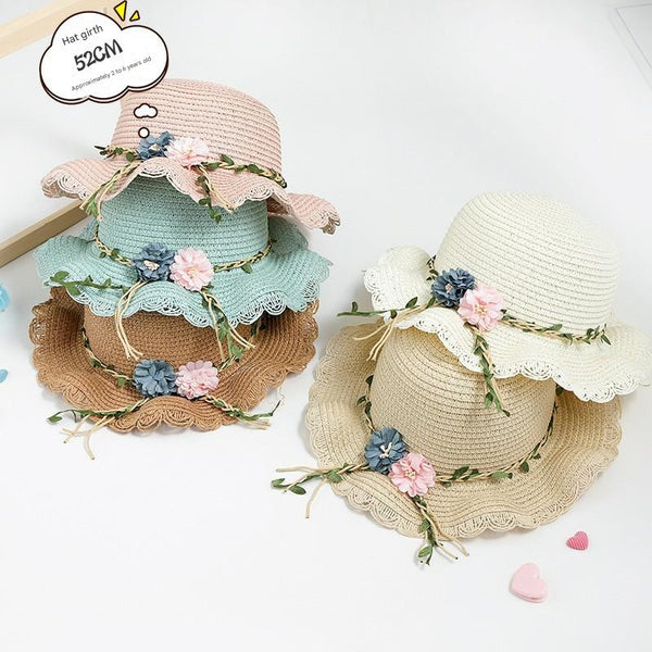 Beige Girls Summer Princess Straw Hat And Matching Purse Set Breathable Floral Wide Brim Sun Protection Kids Hats