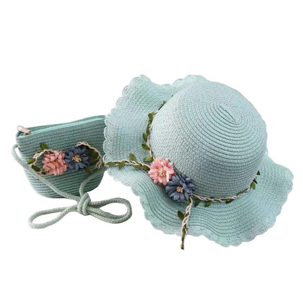 Beige Girls Summer Princess Straw Hat And Matching Purse Set Breathable Floral Wide Brim Sun Protection Kids Hats