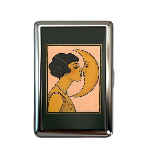 Retro Metal Card Cash & Cigarette Case With Fixed Clip Moon Kiss Artistic Slim Wallet (10.3X6x2cm) Wallets