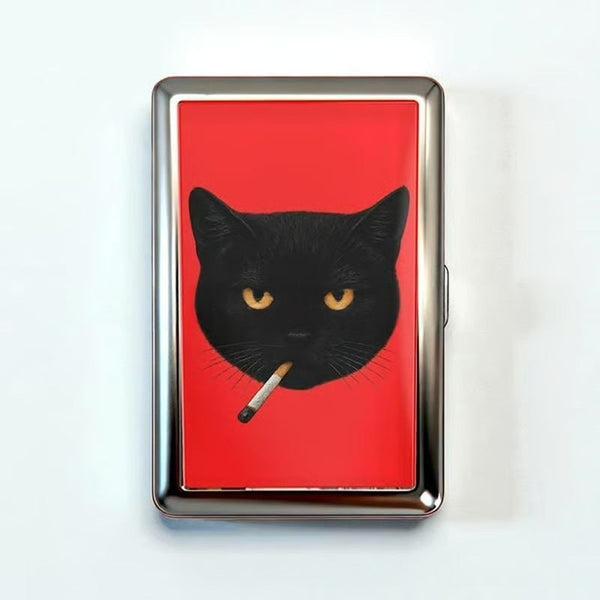 Retro Metal Card Cash & Cigarette Case With Fixed Clip Black Cat Artistic Slim Wallet (10.3X6x2cm) Wallets