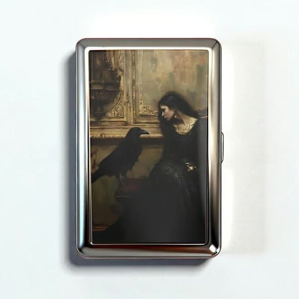 Retro Metal Card Cash & Cigarette Case With Fixed Clip Crow Artistic Slim Wallet (10.3X6x2cm) Wallets