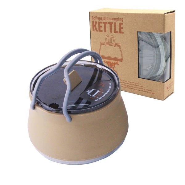 Khaki 1L Collapsible Camping Kettle Food Grade Silicone Body With 304 Stainless Steel Base Compatible Induction & Gas Stoves Camping Kettles