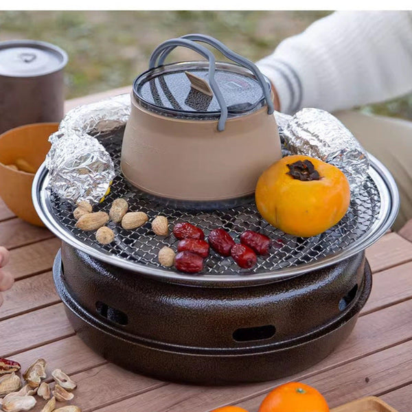 Khaki 1L Collapsible Camping Kettle Food Grade Silicone Body With 304 Stainless Steel Base Compatible Induction & Gas Stoves Camping Kettles