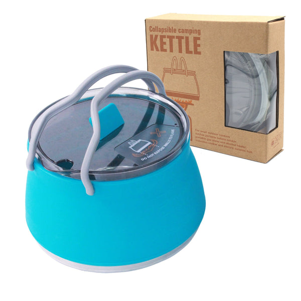 Blue 1L Collapsible Camping Kettle Food Grade Silicone Body With 304 Stainless Steel Base Compatible Induction & Gas Stoves Camping Kettles