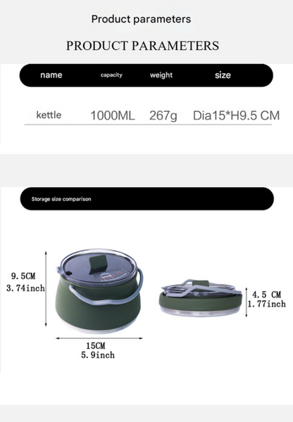 Blue 1L Collapsible Camping Kettle Food Grade Silicone Body With 304 Stainless Steel Base Compatible Induction & Gas Stoves Camping Kettles