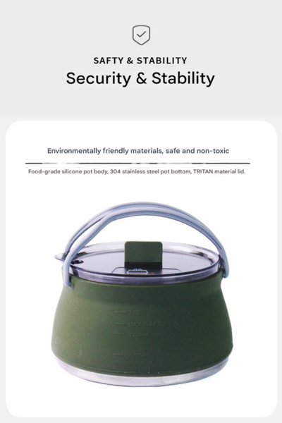 Blue 1L Collapsible Camping Kettle Food Grade Silicone Body With 304 Stainless Steel Base Compatible Induction & Gas Stoves Camping Kettles