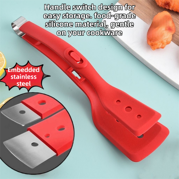 2 In 1 Red Silicone Spatula Tongs With Locking Clip & Oil Drainage Non Stick Heat Resistant Food Flipper Kitchen Clamp Spatulas