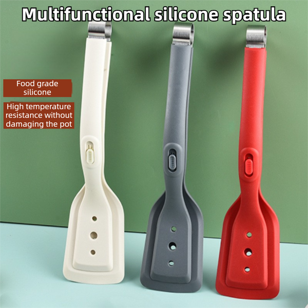 2 In 1 White Silicone Spatula Tongs With Locking Clip & Oil Drainage Non Stick Heat Resistant Food Flipper Kitchen Clamp Spatulas