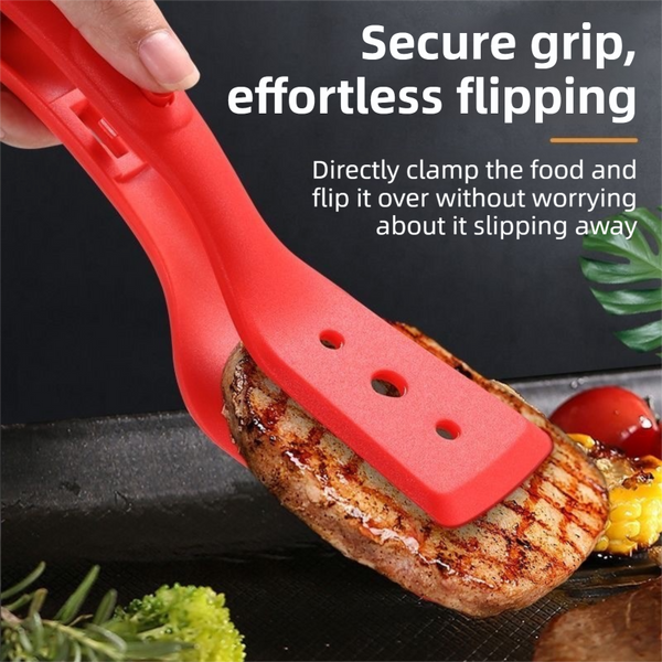 2 In 1 Marble Pattern Silicone Spatula Tongs With Locking Clip & Oil Drainage Non Stick Heat Resistant Food Flipper Kitchen Clamp Spatulas
