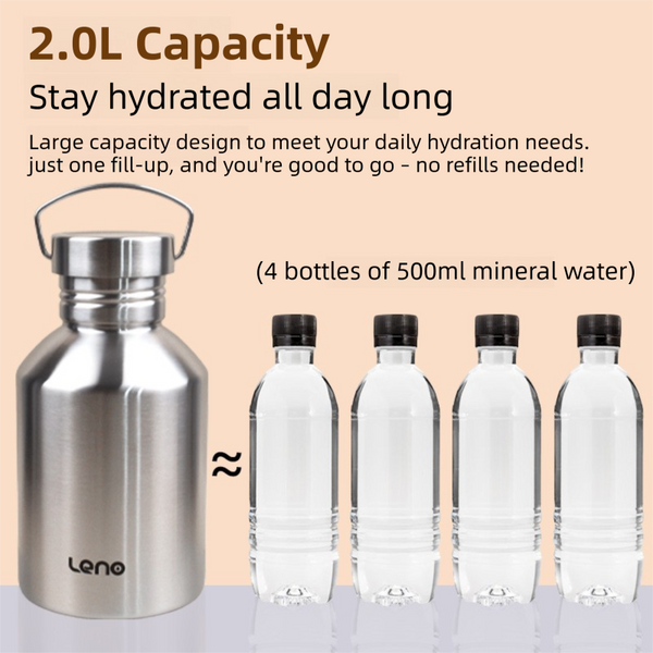 2L Large Capacity Outdoor Sports Adventure Water Bottle Food Grade 304 Stainless Steel With Portable Handle & 7Cm Wide Mouth Water Bottles & Vacuum Fl