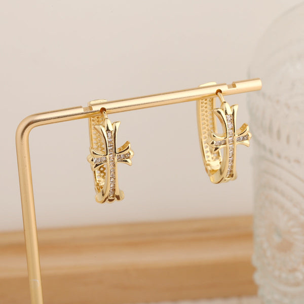 1 Pair Gold Sparkling Iced Out Rhinestone Cross Hoop Punk Elegance Buckle For Women Earrings