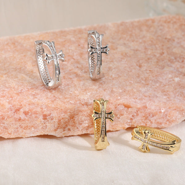 1 Pair Gold Sparkling Iced Out Rhinestone Cross Hoop Punk Elegance Buckle For Women Earrings