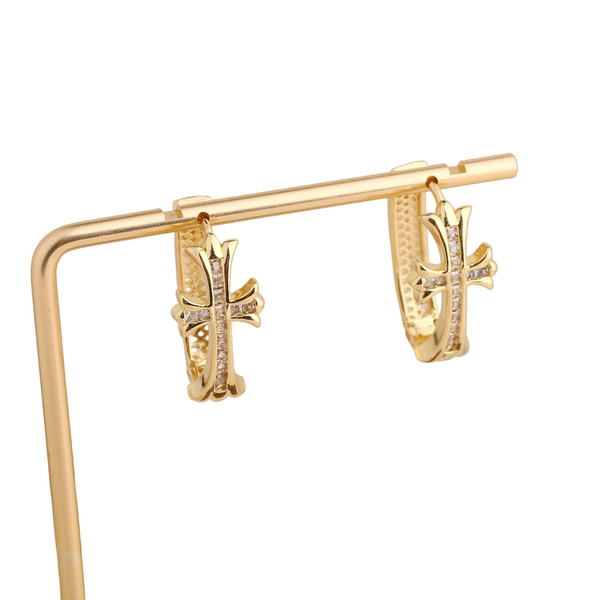 1 Pair Gold Sparkling Iced Out Rhinestone Cross Hoop Punk Elegance Buckle For Women Earrings