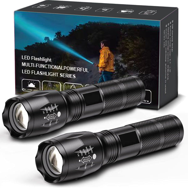 2 Pack High Powered Led Flashlight With 500M Long Range Zoomable Focus & Waterproof Tactical Torch Durable Aluminum Alloy Flashlights