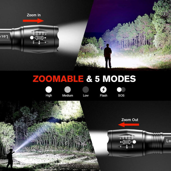 2 Pack High Powered Led Flashlight With 500M Long Range Zoomable Focus & Waterproof Tactical Torch Durable Aluminum Alloy Flashlights