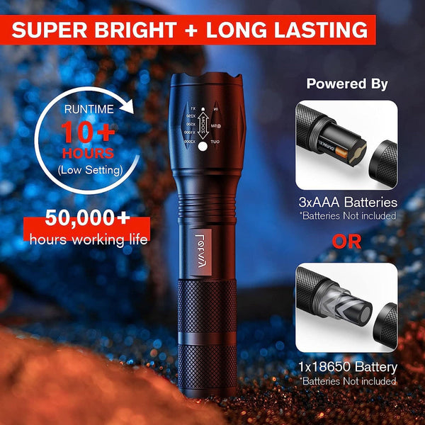 2 Pack High Powered Led Flashlight With 500M Long Range Zoomable Focus & Waterproof Tactical Torch Durable Aluminum Alloy Flashlights