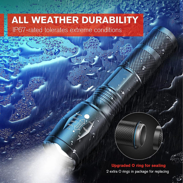 2 Pack High Powered Led Flashlight With 500M Long Range Zoomable Focus & Waterproof Tactical Torch Durable Aluminum Alloy Flashlights