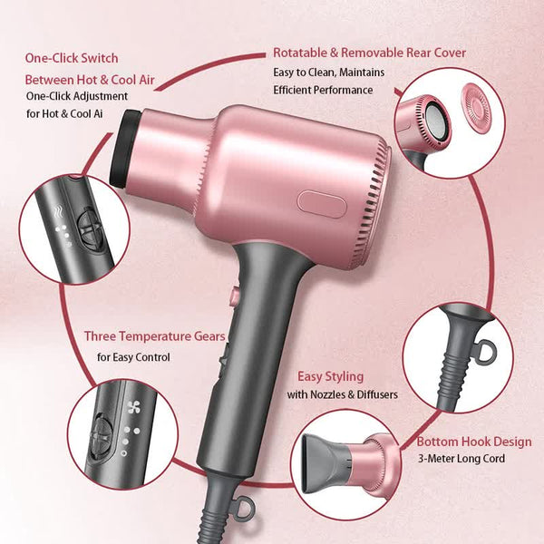 Pink Silent Hair Dryer With 3 Heat/Speed Settings And Accessories High Power Blow 3M Long Cord & 8Cm Wide Outlet Hair Dryers