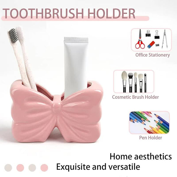 White Chic Bowknot 2 Slot Toothbrush Holder Resin Retro Cute Desktop Decorative Stand Tumblers & Toothbrush Holders
