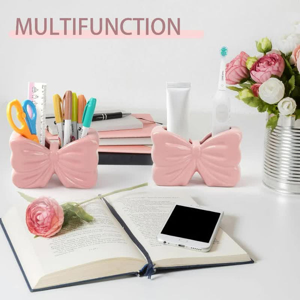 White Chic Bowknot 2 Slot Toothbrush Holder Resin Retro Cute Desktop Decorative Stand Tumblers & Toothbrush Holders