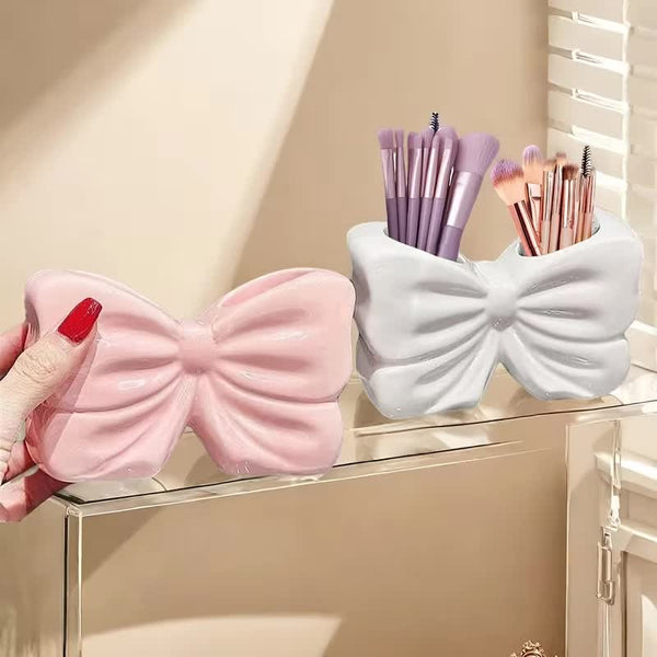 White Chic Bowknot 2 Slot Toothbrush Holder Resin Retro Cute Desktop Decorative Stand Tumblers & Toothbrush Holders