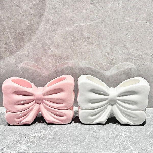 2 Pack Pink & White Chic Bowknot Slot Toothbrush Holder Resin Retro Cute Desktop Decorative Stand Tumblers & Toothbrush Holders
