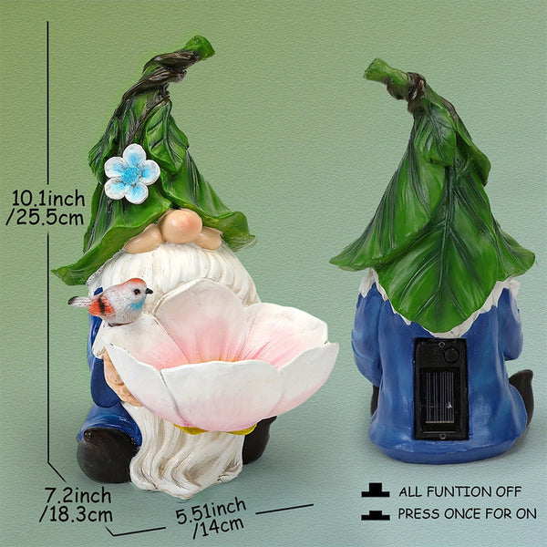 Solar Powered Garden Gnome Bird Feeder With Dual Led Lights Automatic Night Illumination Weather Resistant Resin Statue Ornaments & Statues