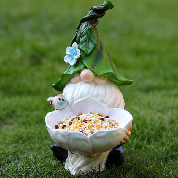 Solar Powered Garden Gnome Bird Feeder With Dual Led Lights Automatic Night Illumination Weather Resistant Resin Statue Ornaments & Statues