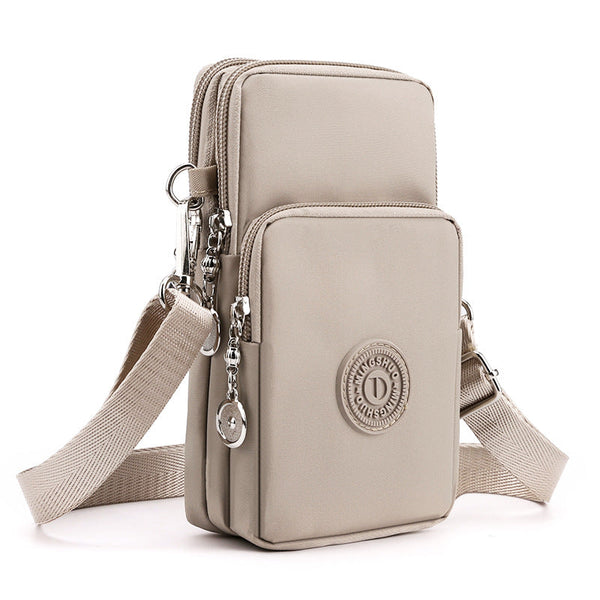 Khaki 3 Layer Waterproof Nylon Vertical Crossbody Phone Bag Lightweight Purse With Headphone Jack & Adjustable Strap Bags
