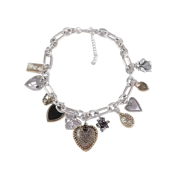 And American Statement Exaggerated Heart & Floral Rhinestone Necklace Retro Chunky Clavicle Chain (Sliver) Necklaces & Pendants