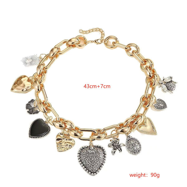 And American Statement Exaggerated Heart & Floral Rhinestone Necklace Retro Chunky Clavicle Chain (Sliver) Necklaces & Pendants